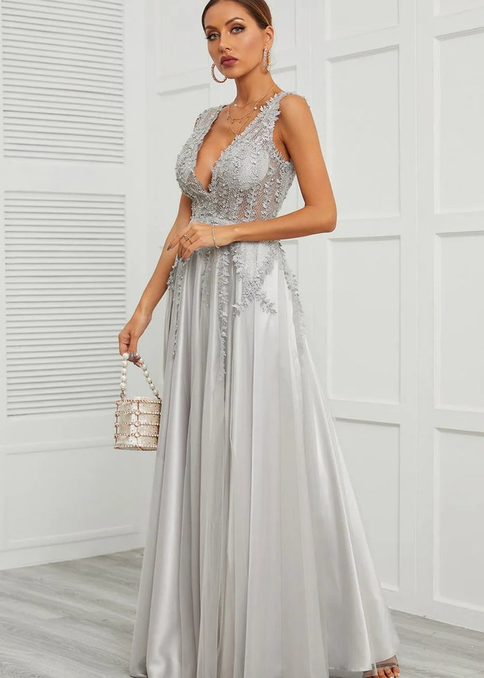 Astrid | Deep V Neck Long Grey Prom Dress with A - Line Appliques - Grey - PromDressClub