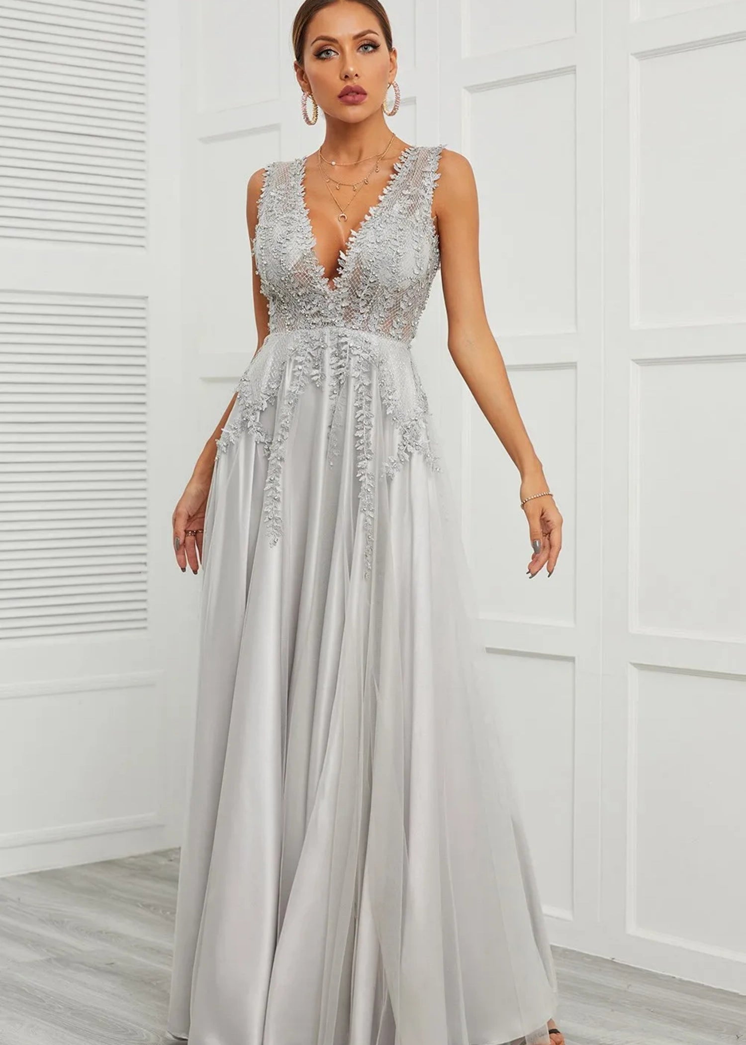 Astrid | Deep V Neck Long Grey Prom Dress with A - Line Appliques - Grey - US0 - PromDressClub