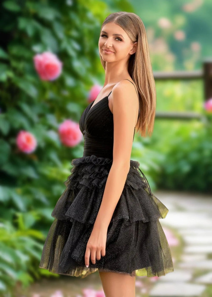 Audrey | A Line Light Pink Tulle Corset Tiered Ruffle Short Homecoming Dress - Black - PromDressClub