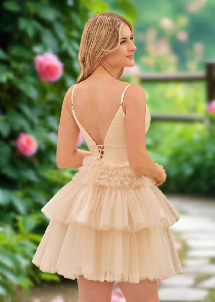 Audrey | A Line Light Pink Tulle Corset Tiered Ruffle Short Homecoming Dress - Champagne - PromDressClub