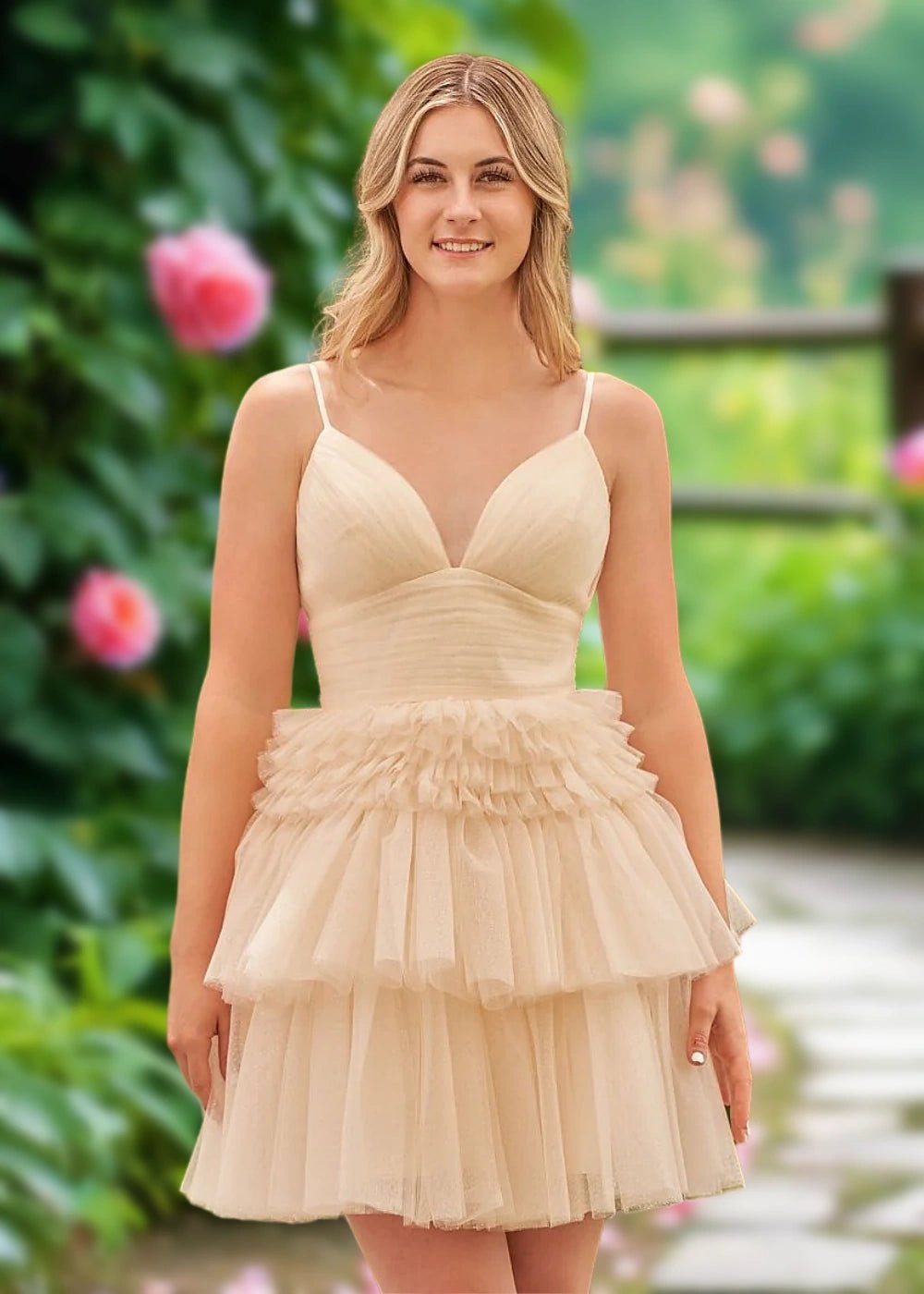 Audrey | A Line Light Pink Tulle Corset Tiered Ruffle Short Homecoming Dress - Champagne - PromDressClub