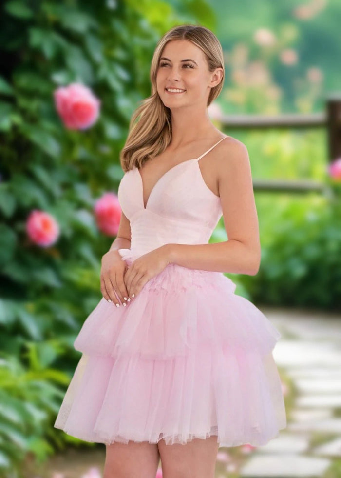 Audrey | A Line Light Pink Tulle Corset Tiered Ruffle Short Homecoming Dress - Light Pink - PromDressClub