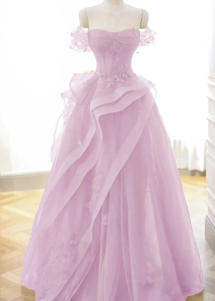 Audrey | A Line/Princess Sage Green Off the Shoulder Corset Ruffle Prom Dress - Light Pink - PromDressClub