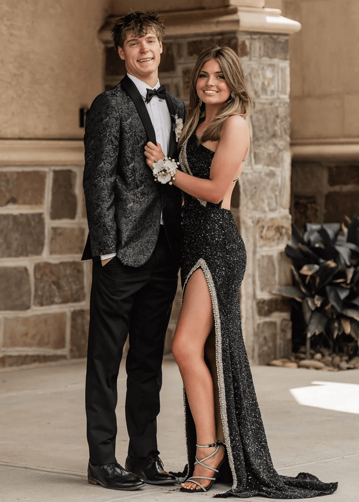 Audrey | Black Mermaid One Shoulder Beaded Prom Dress with Slit - Black - PromDressClub