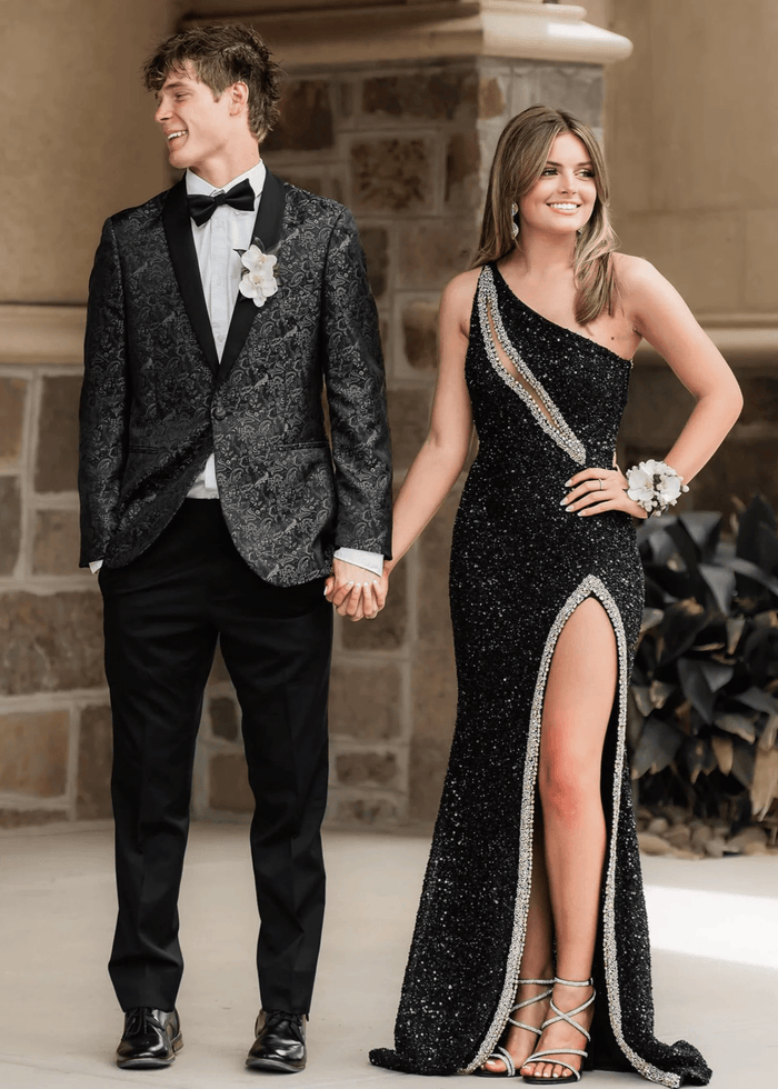 Audrey | Black Mermaid One Shoulder Beaded Prom Dress with Slit - Black - PromDressClub