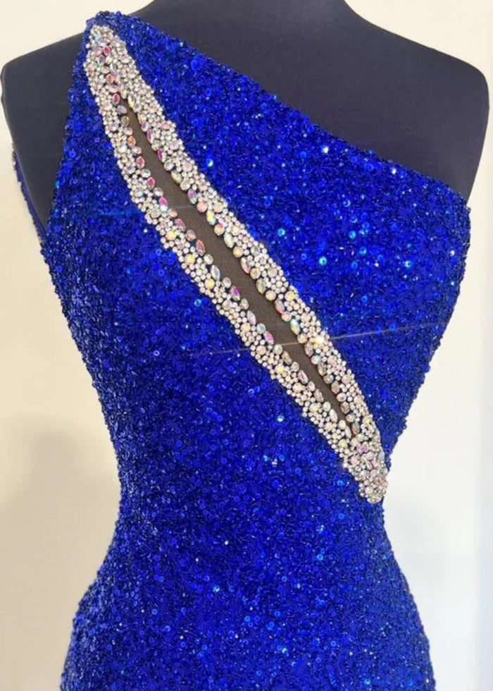 Audrey | Black Mermaid One Shoulder Beaded Prom Dress with Slit - Royal Blue - PromDressClub