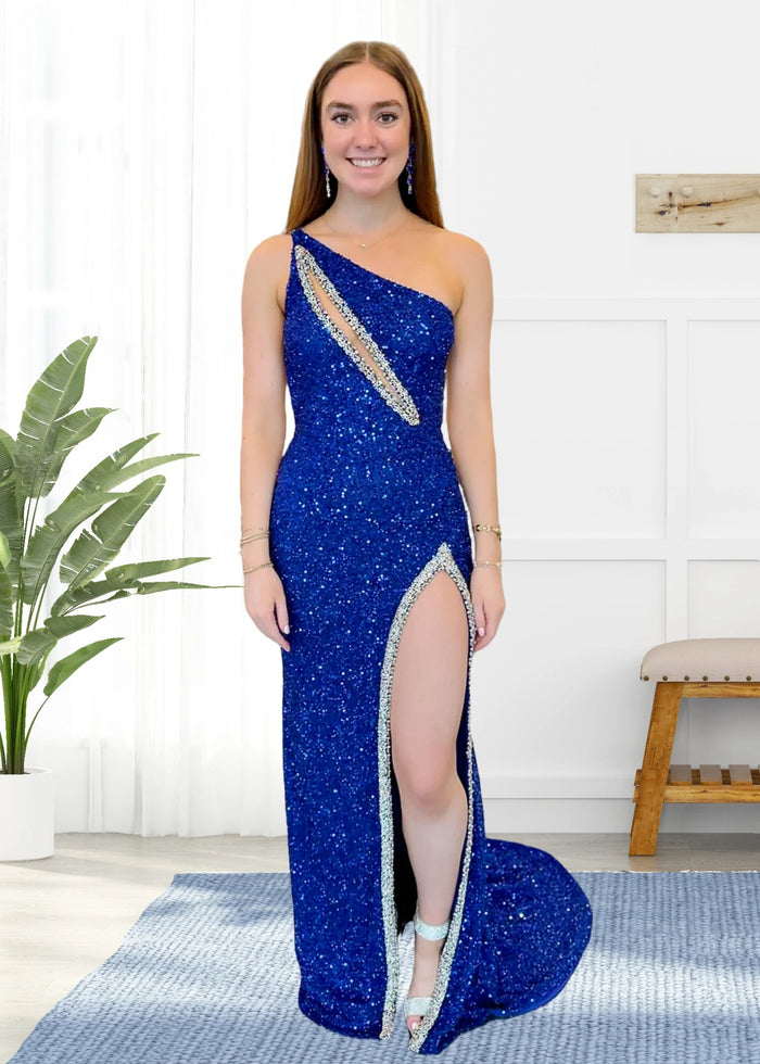 Audrey | Black Mermaid One Shoulder Beaded Prom Dress with Slit - Price #price_variant_lowest# - Royal Blue - PromDressClub