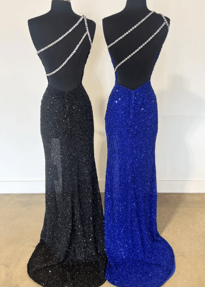 Audrey | Black Mermaid One Shoulder Beaded Prom Dress with Slit - Royal Blue - PromDressClub