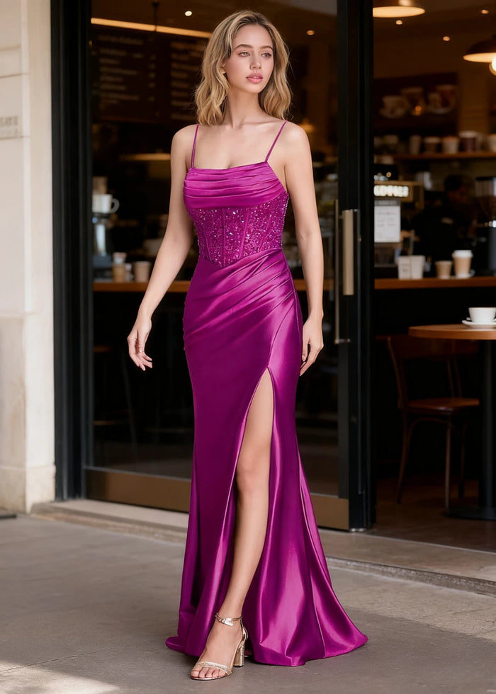 Aureate Fuchsia Mermaid Pleated Prom Dress | Cowl Neck Corset Sequins Dress with Slit - US0 - PromDressClub