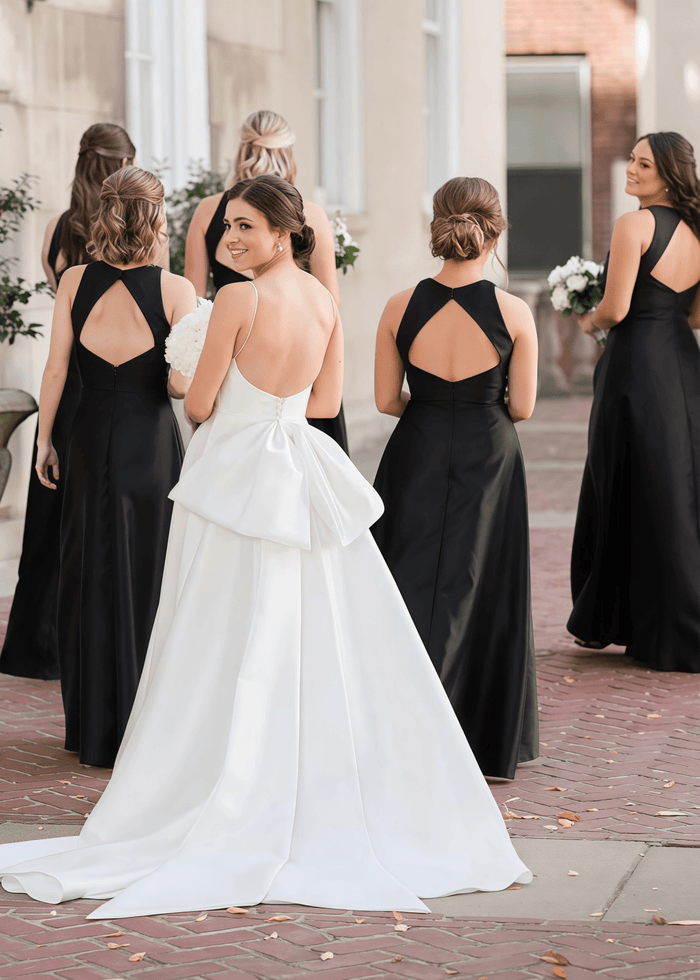 Aurora | Love In Your Eyes A - Line Backless Black Satin Maxi Bridesmaid Dress with Round Neck - Price #price_variant_lowest# - Black - PromDressClub