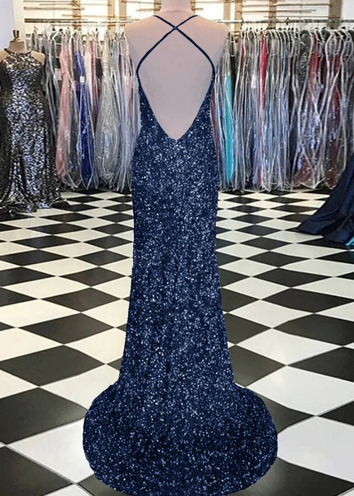 Aurora | Mermaid Long Royal Blue Prom Dress With Sequin Slit - Navy Blue - PromDressClub