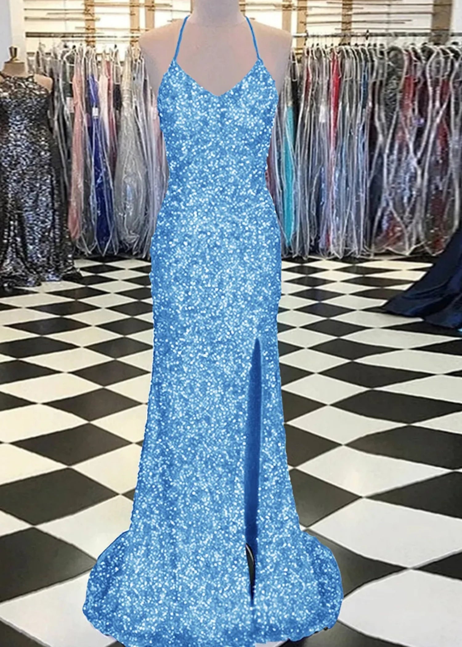 Aurora | Mermaid Long Royal Blue Prom Dress With Sequin Slit - Sky Blue - US0 - PromDressClub