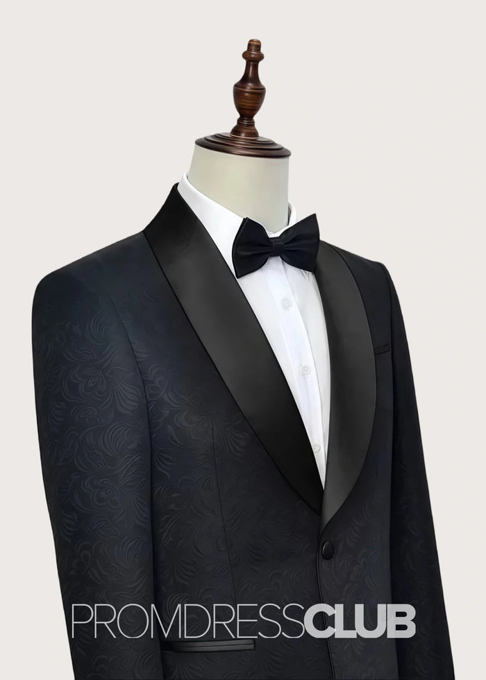Austin |Classic Black Prom Suits For Men With Jacquard Shawl Lapel Silk One Button | Two Pieces Bespoke Wedding Groom Suits - Price #price_variant_lowest# - 34 - PromDressClub