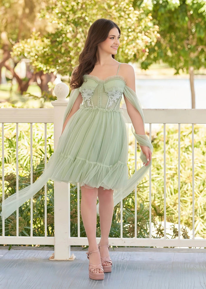 Autumn | A Line Sage Green Tulle Corset Lace Appliques Homecoming Dress Bow - Sage - PromDressClub