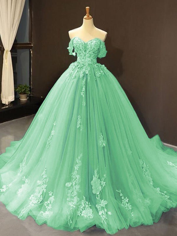 Selena | Sky Blue Prom Dresses Long Ball Gown Tulle Off - the - Shoulder Sleeveless Applique - Dark Navy - PromDressClub