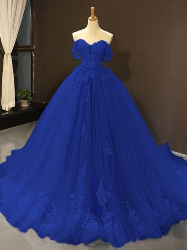 Selena | Sky Blue Prom Dresses Long Ball Gown Tulle Off - the - Shoulder Sleeveless Applique - Dark Navy - PromDressClub
