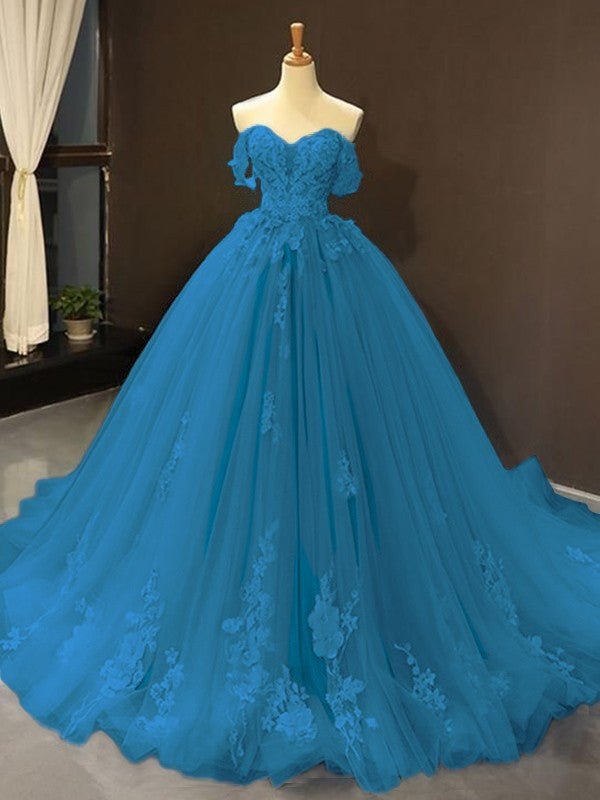 Selena | Sky Blue Prom Dresses Long Ball Gown Tulle Off - the - Shoulder Sleeveless Applique - Dark Navy - PromDressClub