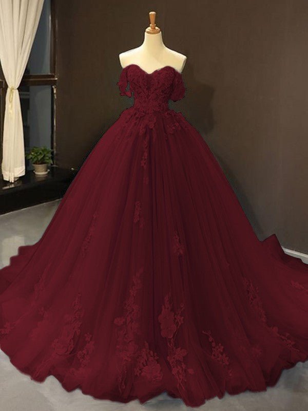 Selena | Sky Blue Prom Dresses Long Ball Gown Tulle Off - the - Shoulder Sleeveless Applique - Burgundy - PromDressClub