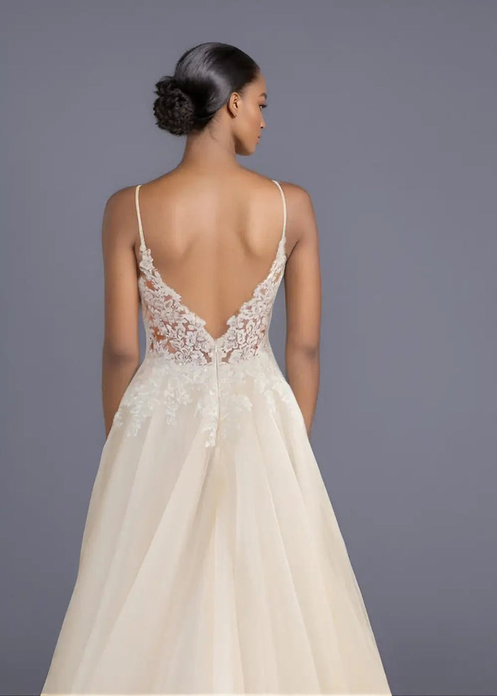 Rita |Ball - Gown/Princess V - Neck Waterfall Skirt Court Train Tulle Lace Long Wedding Dress With Train - Champagne - PromDressClub