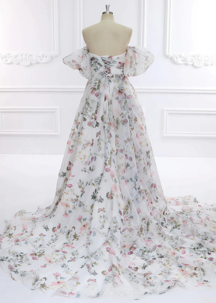 Ball Gown/Princess White Print Floral Strapless Corset Detachable Sleeve Formal Dress with Slit - White Floral - PromDressClub