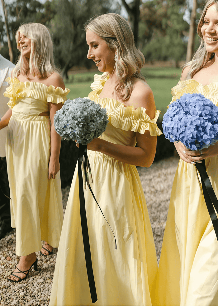 Barbara | Chic A - Line Ruffles Backless Pale Yellow Satin Maxi Bridesmaid Dress with Off the Shoulder - Price #price_variant_lowest# - Pale Yellow - PromDressClub