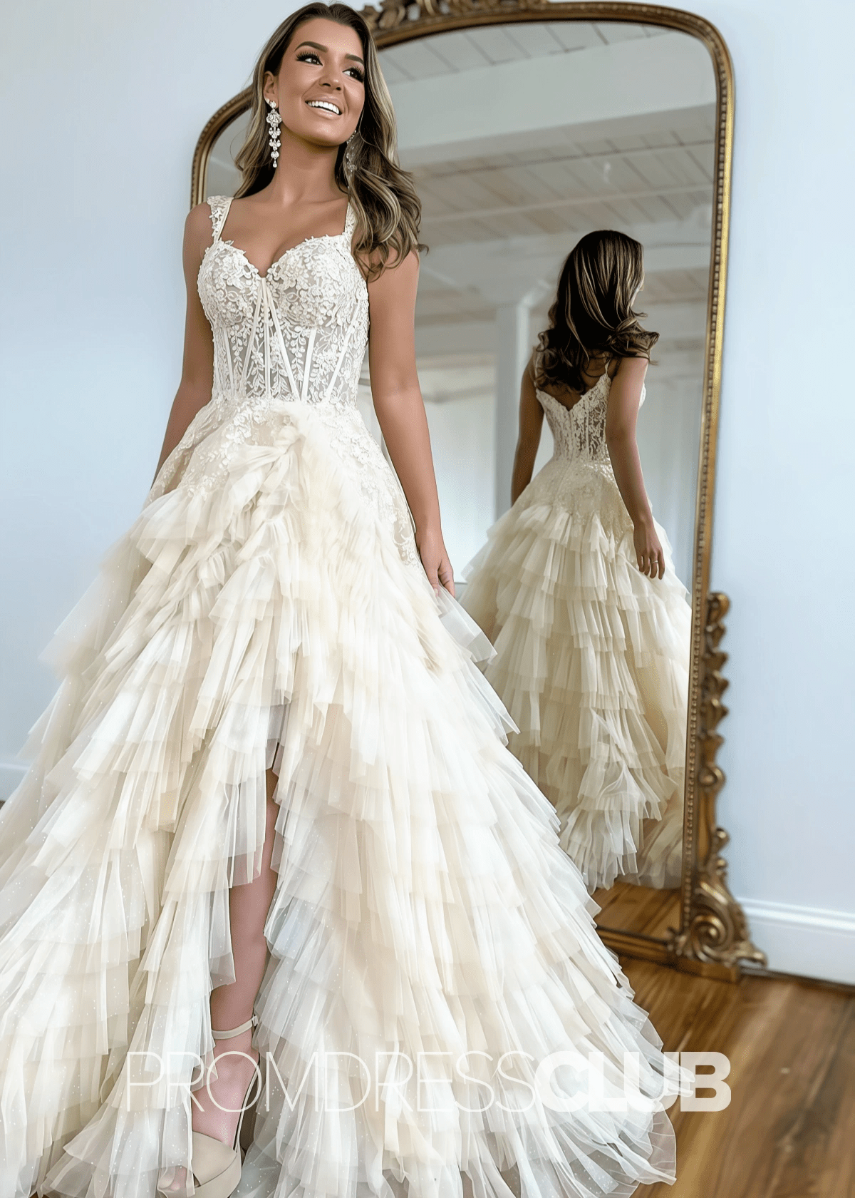 Beatrice |Champagne Prom Dresses Long Ball Gown Tulle Ruffles With Slit - Champagne - PromDressClub