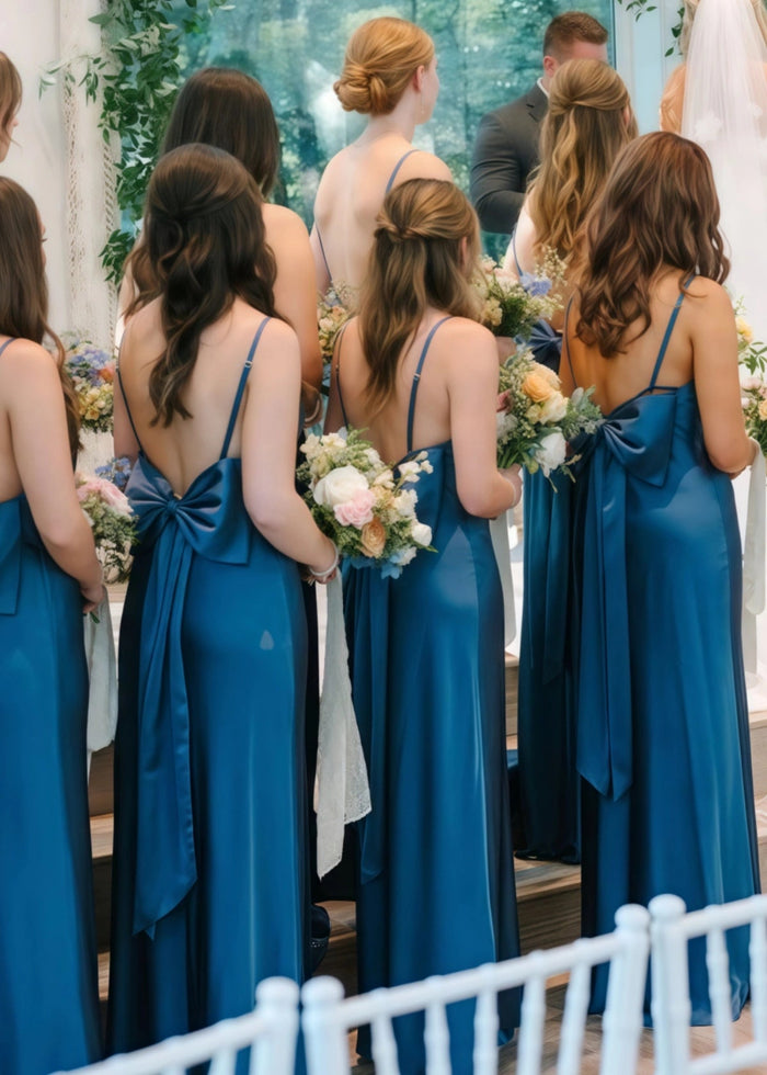 Beatrice | Heavenly Hues Sheath Bows Back Ink Blue Satin Maxi Bridesmaid Dress with Slit and Spaghetti Straps - Price #price_variant_lowest# - Ink Blue - PromDressClub