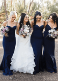 Belinda | Simple Mermaid Navy Blue Satin Maxi Bridesmaid Dress with Spaghetti Straps and Sweetheart Neck - Navy Blue - PROMDRESS Club