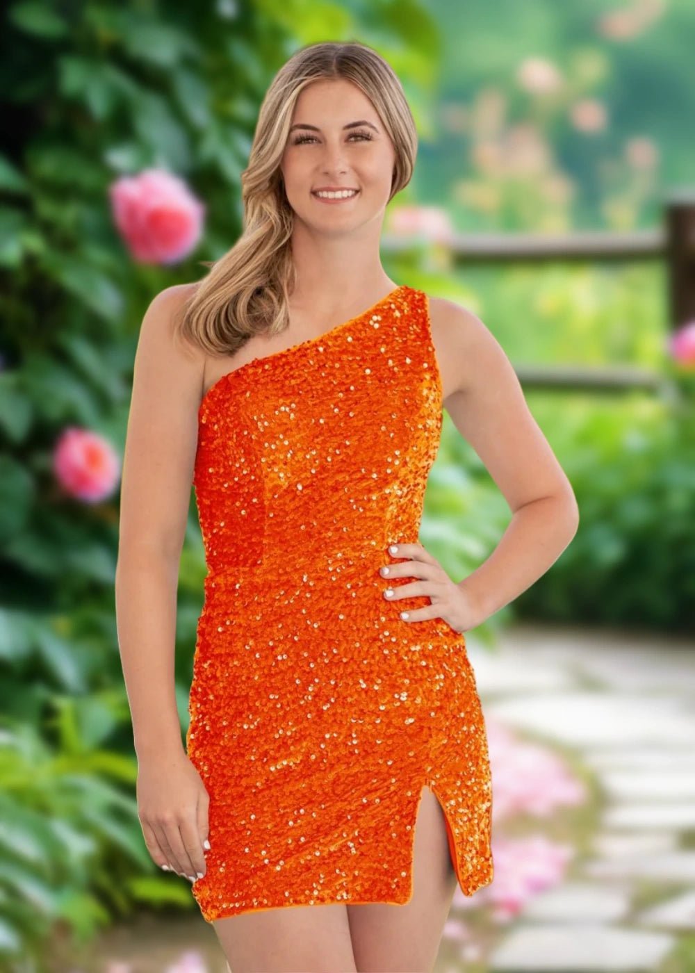 Bella | Bodycon Blue Sequin One Shoulder Short Homecoming Dress with Slit - Orange - PromDressClub
