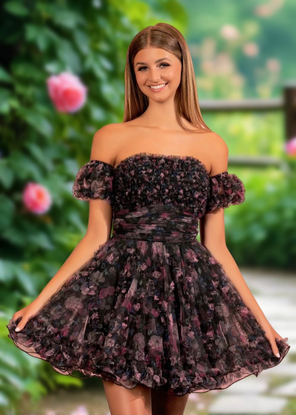 Bernadette | A Line Light Blue Floral Tulle Puff Sleeve Strapless Homecoming Dress with Ruffles - Black Floral - PromDressClub