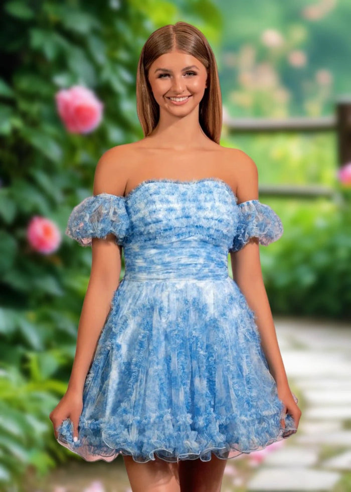 Bernadette | A Line Light Blue Floral Tulle Puff Sleeve Strapless Homecoming Dress with Ruffles - Light Blue Floral - PromDressClub