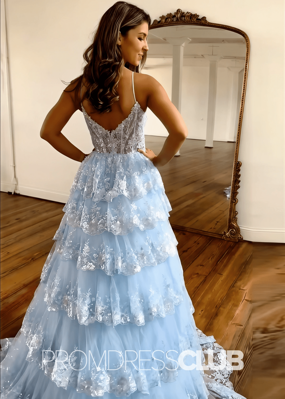 Bernice |Long Sky Blue Prom Dresses Princess Ball Gown Spaghetti Straps With Appliques - Sky Blue - PromDressClub