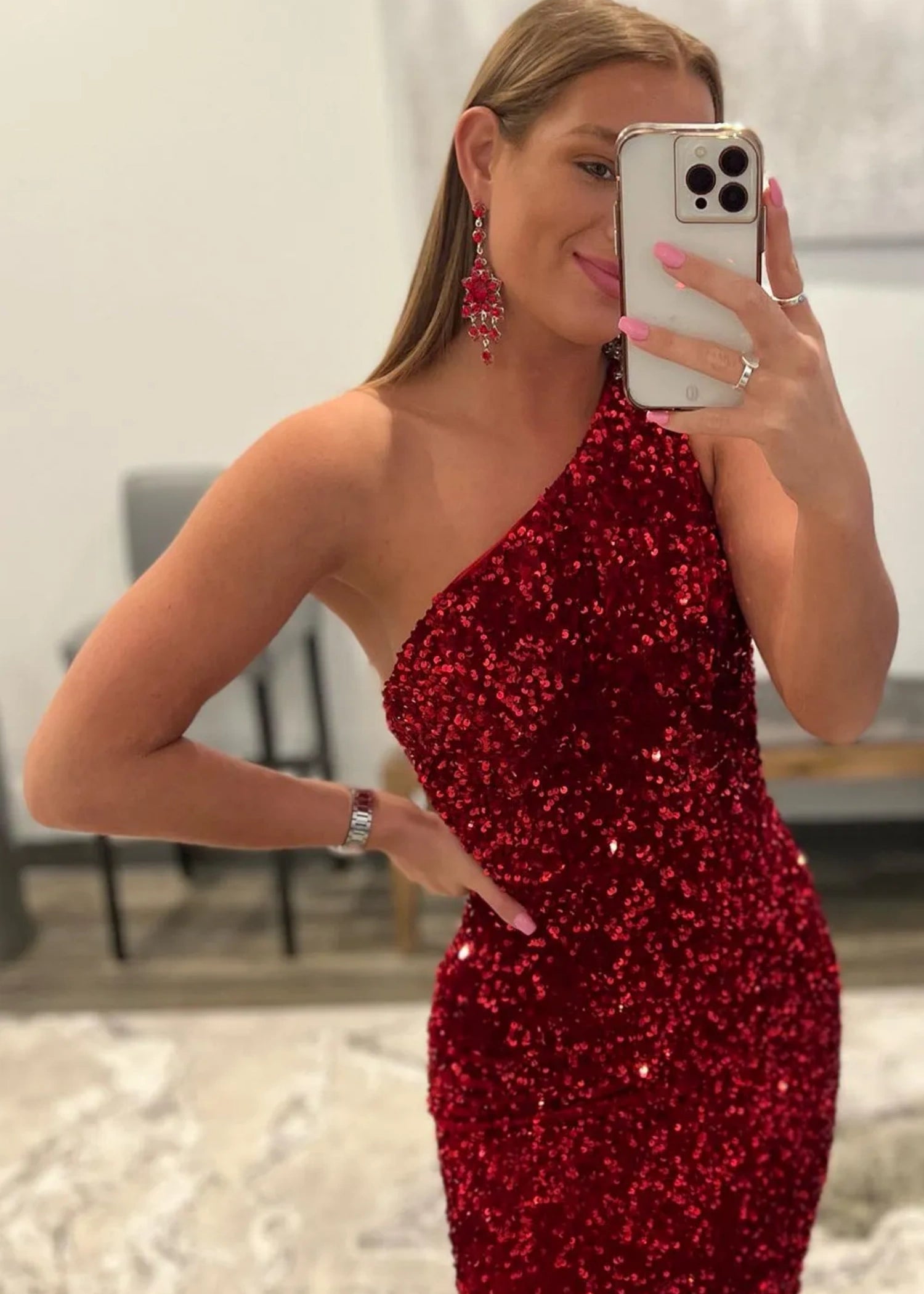 Bernice | Mermaid Long Pink Prom Dresses With Sequins One Shoulder - Burgundy - US0 - PromDressClub