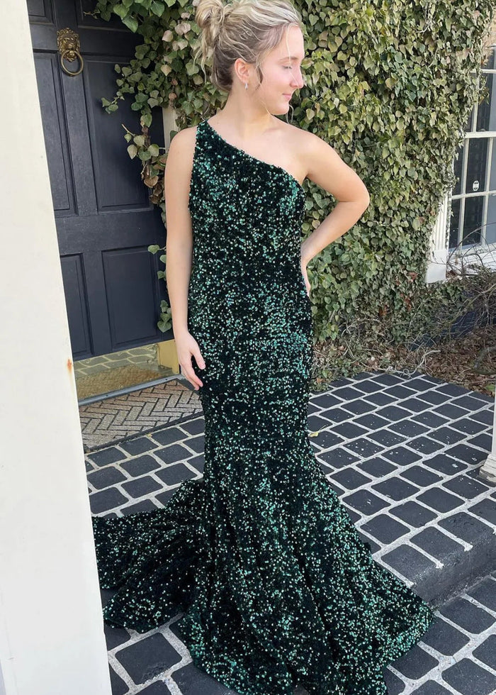 Bernice | Mermaid Long Pink Prom Dresses With Sequins One Shoulder - Dark Green - PromDressClub