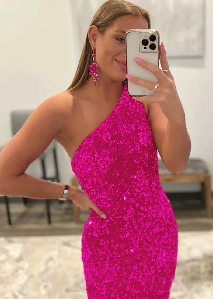 Bernice | Mermaid Long Pink Prom Dresses With Sequins One Shoulder - Fuchsia - PromDressClub
