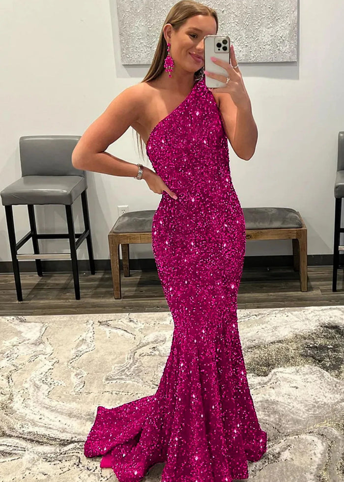 Bernice | Mermaid Long Pink Prom Dresses With Sequins One Shoulder - Hot Pink - PromDressClub