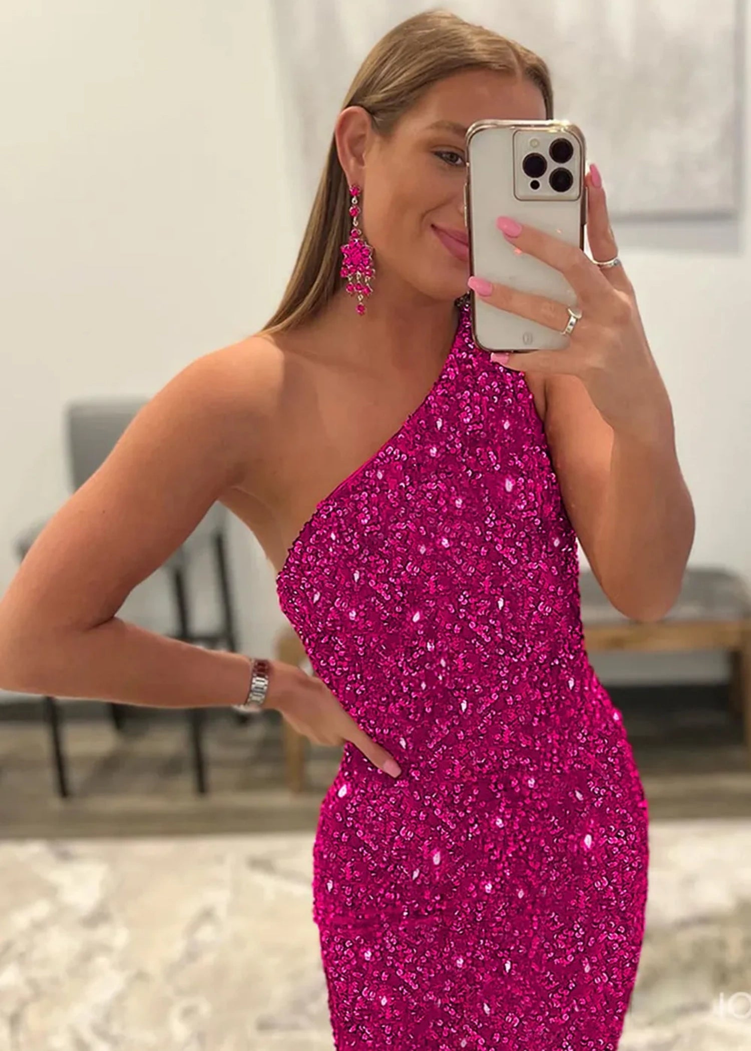 Bernice | Mermaid Long Pink Prom Dresses With Sequins One Shoulder - Hot Pink - US0 - PromDressClub