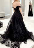 Beryl |Black Prom Dresses Long Ball Gown Off The Shoulder Tulle - Black - PromDressClub