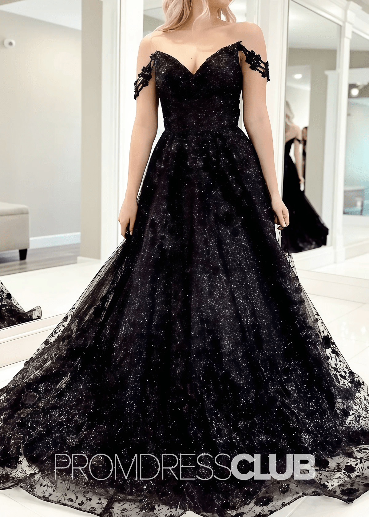 Beryl |Black Prom Dresses Long Ball Gown Off The Shoulder Tulle - Black - PromDressClub