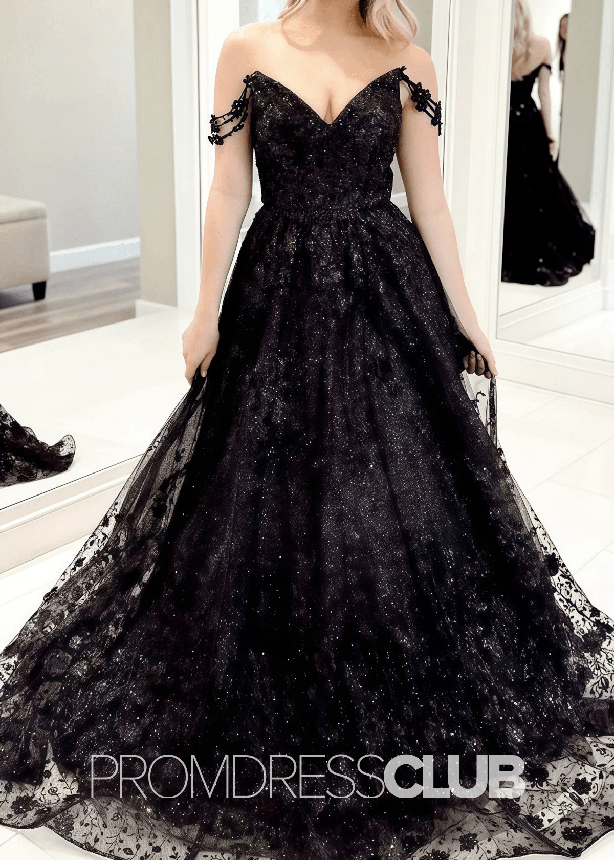 Beryl |Black Prom Dresses Long Ball Gown Off The Shoulder Tulle - Black - PromDressClub