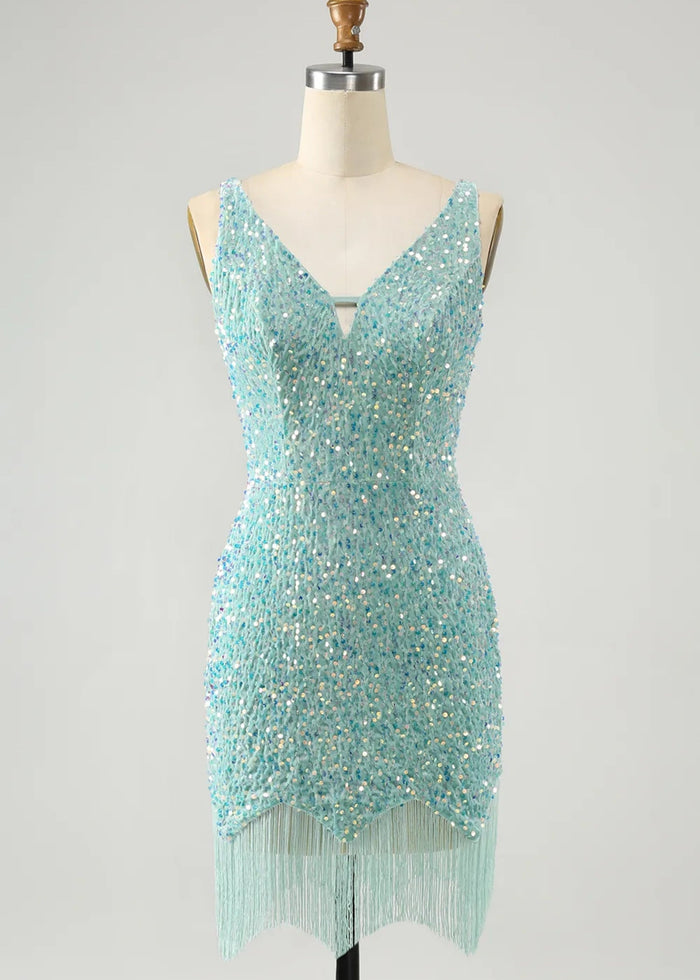 Beryl |Bodycon V - neck Sequins Short Dark Blue Homecoming Dress With Fringe - Sage - PromDressClub