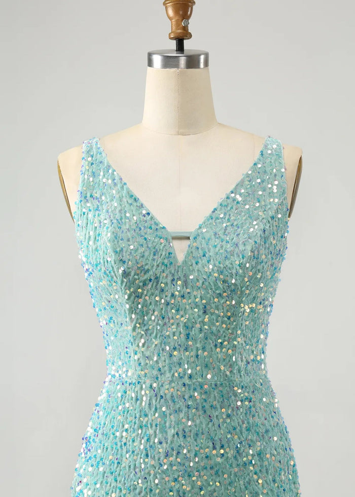 Beryl |Bodycon V - neck Sequins Short Dark Blue Homecoming Dress With Fringe - Sage - PromDressClub