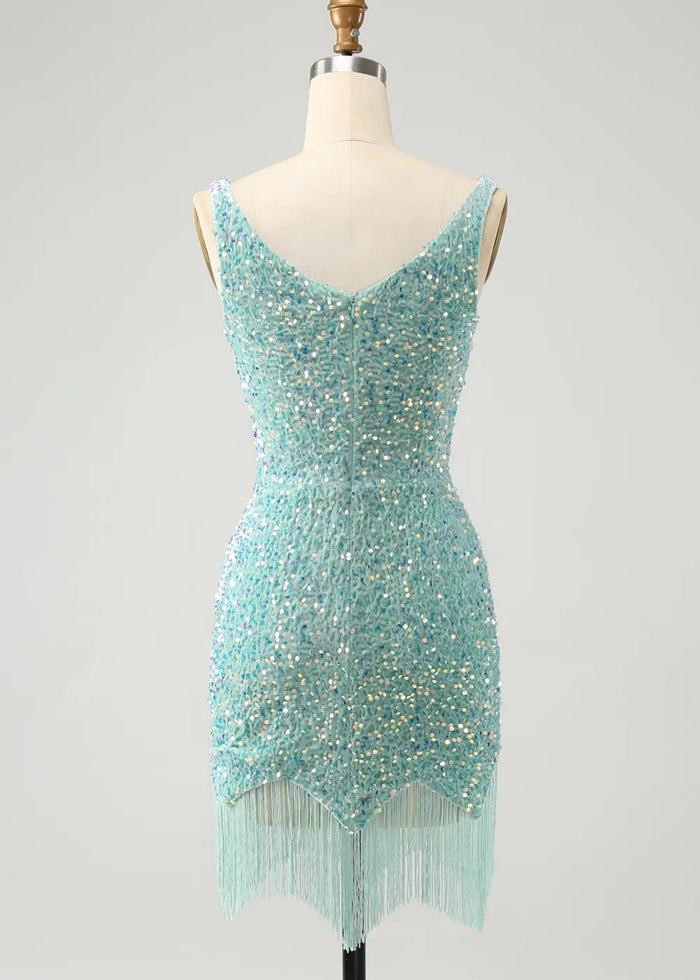 Beryl |Bodycon V - neck Sequins Short Dark Blue Homecoming Dress With Fringe - Sage - PromDressClub