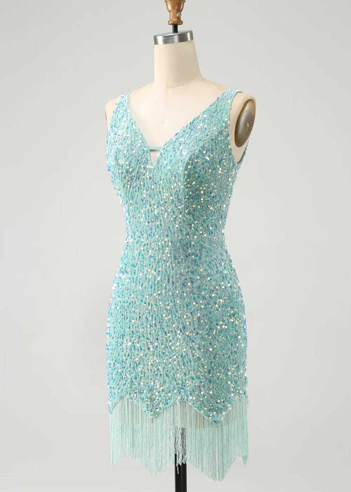 Beryl |Bodycon V - neck Sequins Short Dark Blue Homecoming Dress With Fringe - Sage - PromDressClub