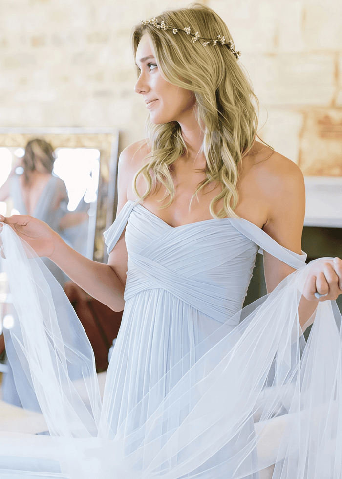 Beryl | Boho A - Line Backless Light Blue Chiffon Maxi Bridesmaid Dress with Off the Shoulder and Sweetheart - Price #price_variant_lowest# - Light Blue - PromDressClub