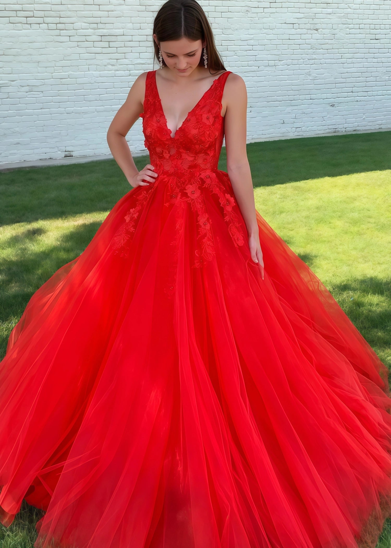 Betsy | A - Line Long Red Prom Dress With V - Neck Lace Appliques - Red - US0 - PromDressClub