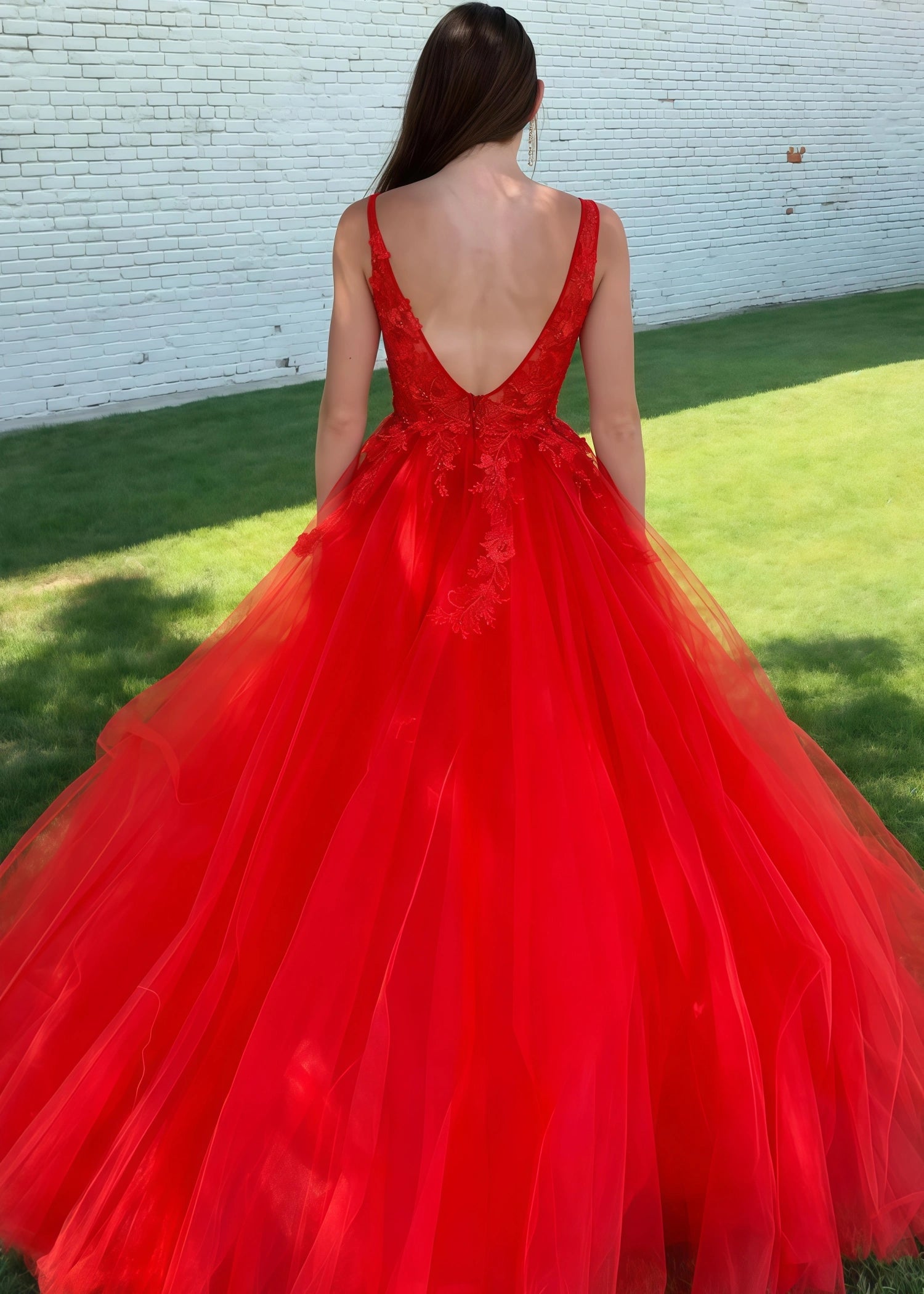 Betsy | A - Line Long Red Prom Dress With V - Neck Lace Appliques - Red - US0 - PromDressClub