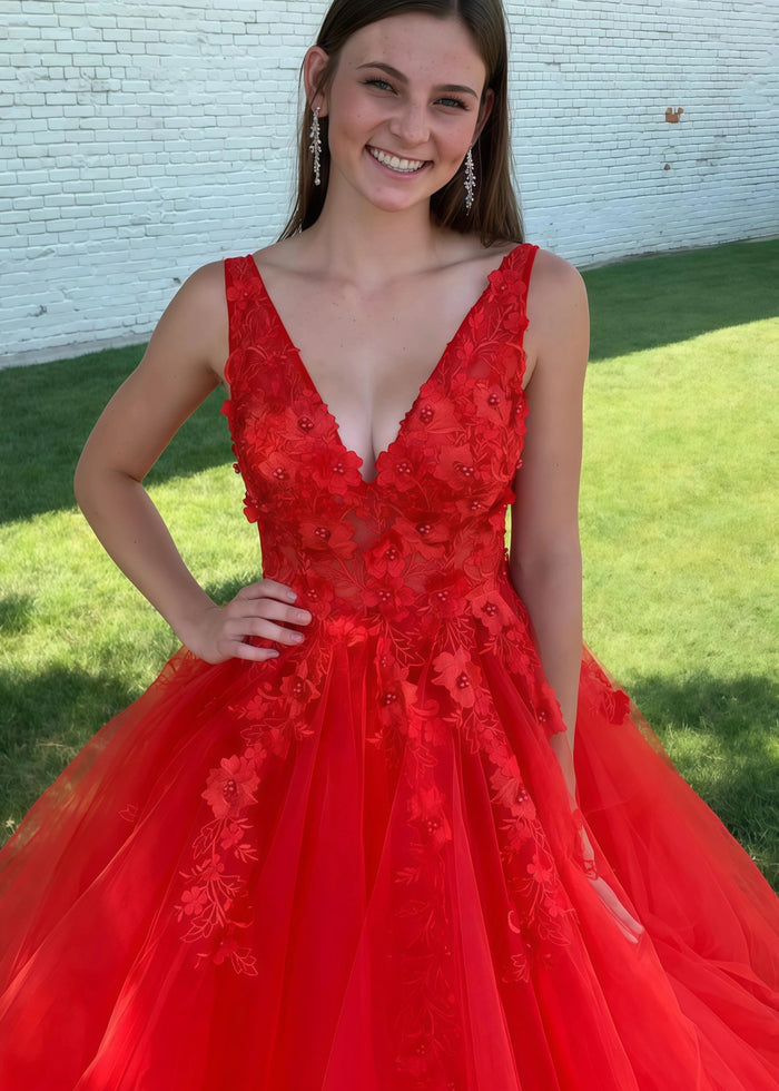 Betsy | A - Line Long Red Prom Dress With V - Neck Lace Appliques - Red - PromDressClub