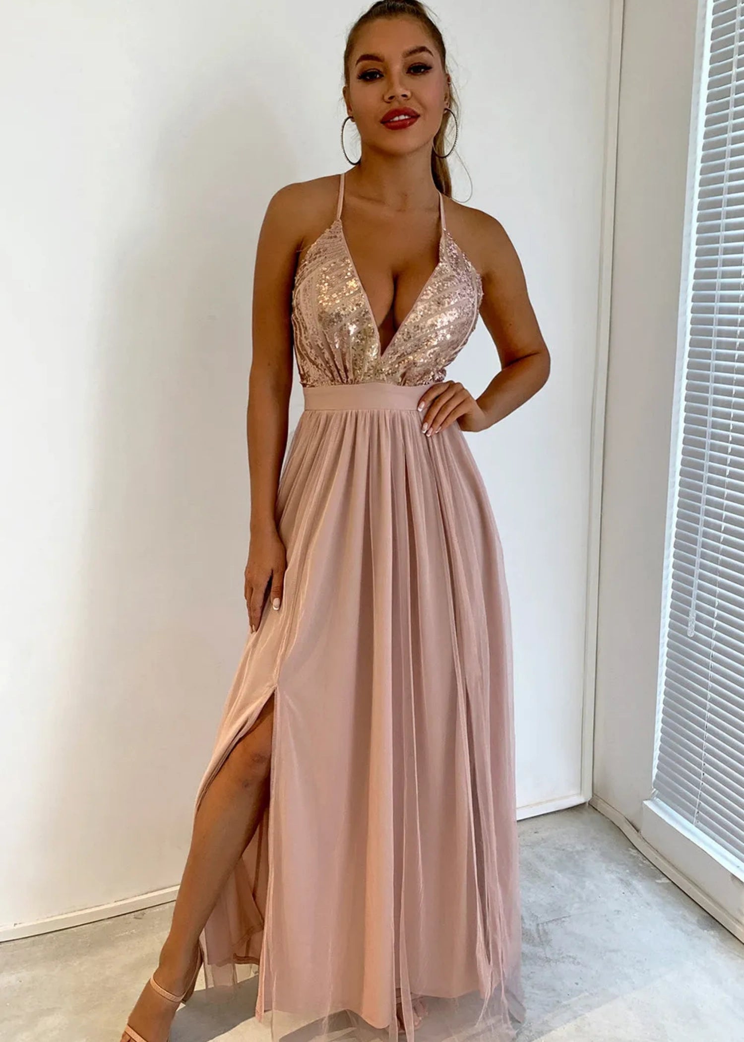 Beverly | A Line Long Green Prom Dress WithV - neck Sequin Slit - Blush - US0 - PromDressClub