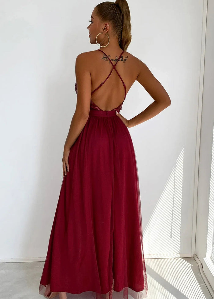 Beverly | A Line Long Green Prom Dress With V - neck Sequin Slit - Burgundy - PromDressClub